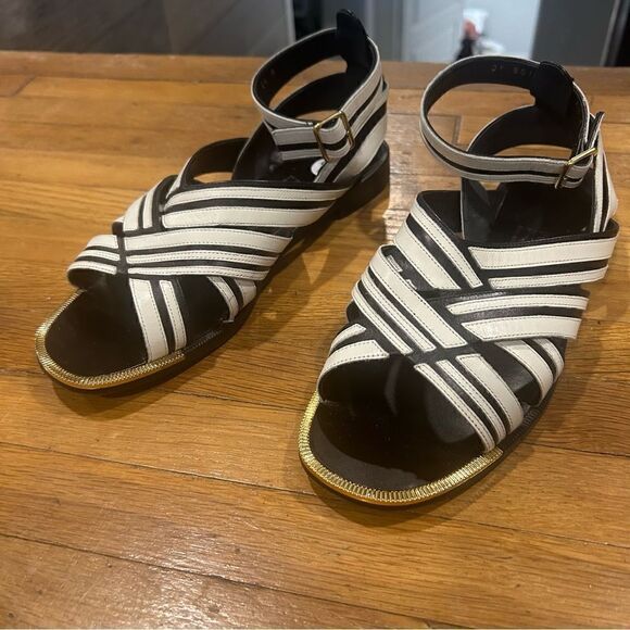 Double strap Gancini ornament slide - Women | Ferragamo REVOLVE Salvatore Ferragamo Black White Sandal with Gold Detail